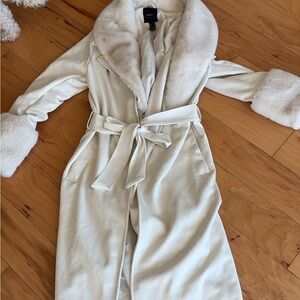 Cream suede coat with fur trim